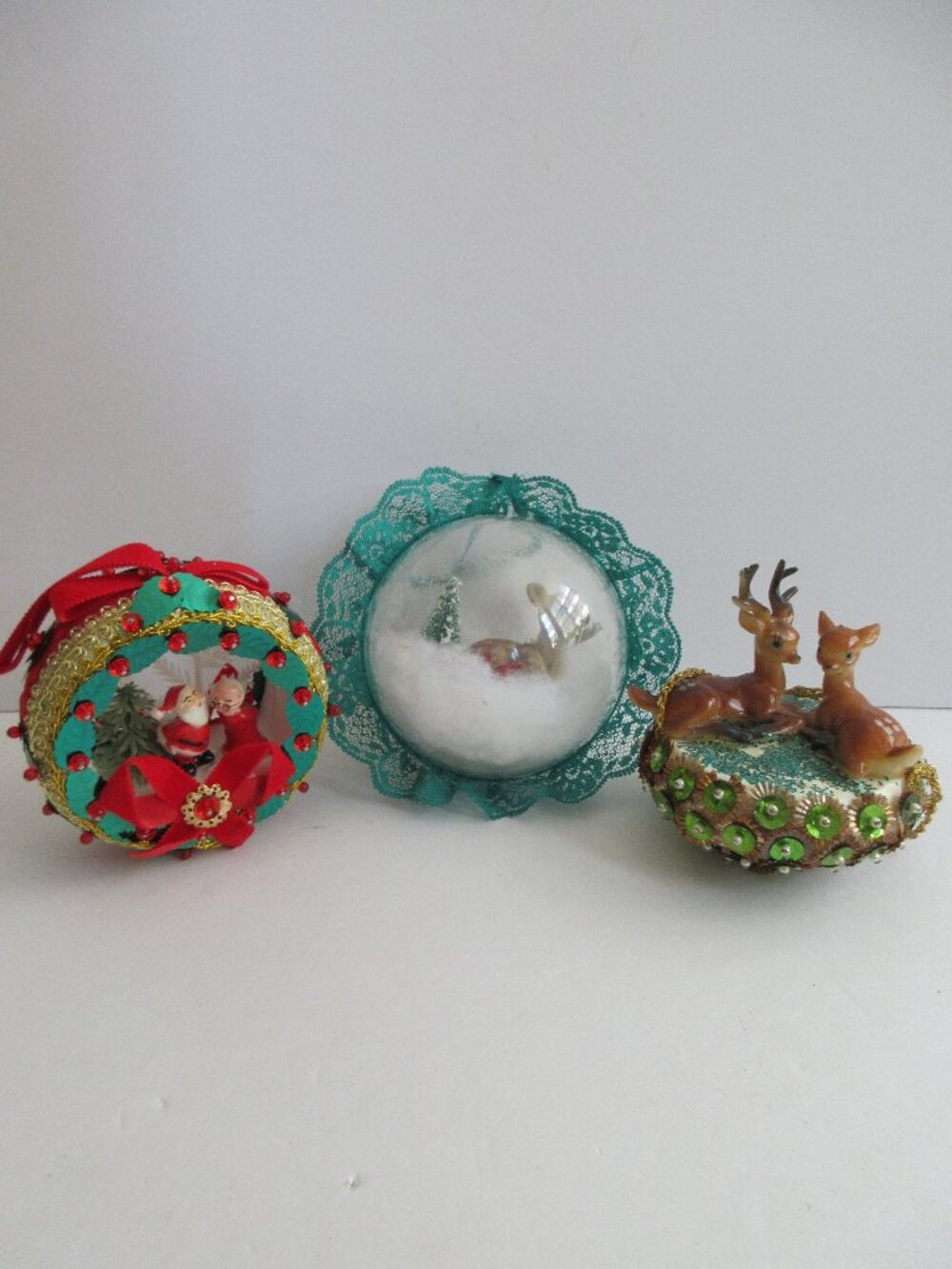 3 Handmade & Push Pin Beaded Christmas Ornaments Wreath Diorama, Deer, Globe